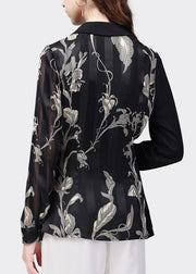 Elegant Black Peter Pan Collar Patchwork Print Chiffon Shirt Top Spring