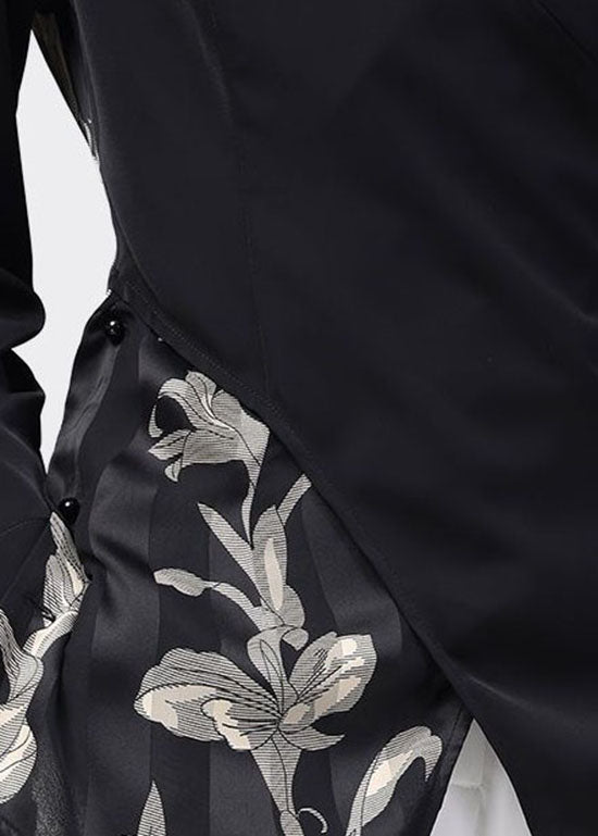Elegant Black Peter Pan Collar Patchwork Print Chiffon Shirt Top Spring