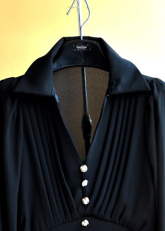 Elegantes schwarzes Peter-Pan-Kragen-Patchwork-Falten-Chiffon-Hemd mit langen Ärmeln
