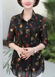 Elegant Black Peter Pan Collar Print Patchwork Silk Shirts Top Summer