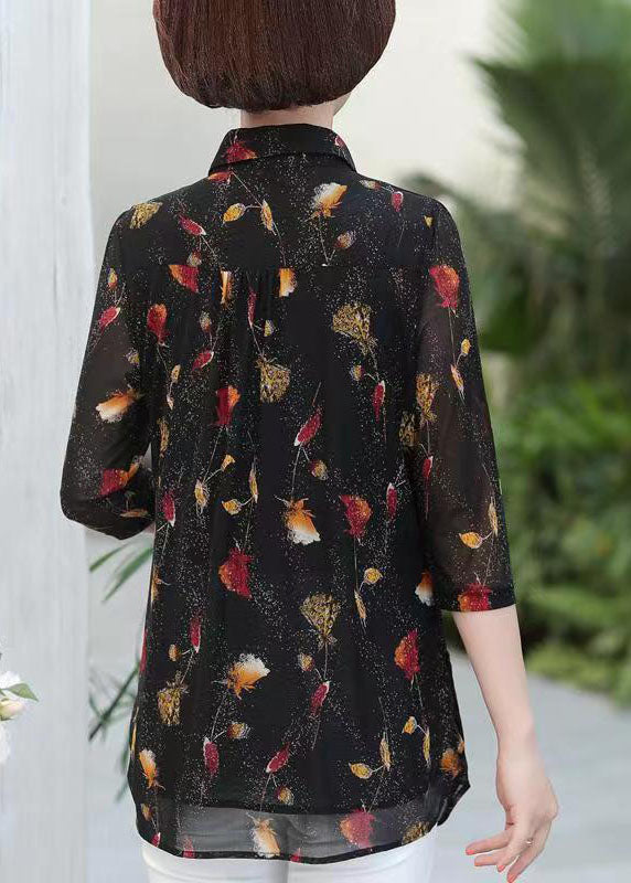 Elegant Black Peter Pan Collar Print Patchwork Silk Shirts Top Summer
