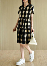 Elegant Black Plaid Hooded Patchwork Summer Cotton Dresses - SooLinen