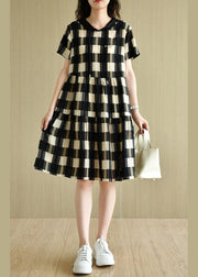 Elegant Black Plaid Hooded Patchwork Summer Cotton Dresses - SooLinen