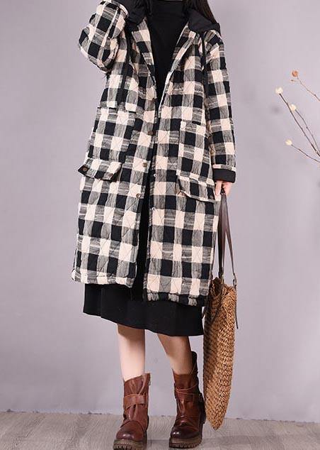 Elegant Black Plaid Parkas For Women Trendy Plus Size Coats Hooded Pockets Outwear - SooLinen