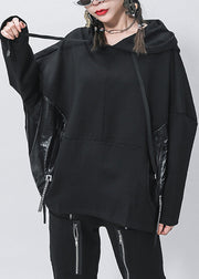 Eleganter schwarzer Taschen-Patchwork-Pullover mit Kordelzug und Fledermausärmeln