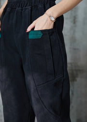 Elegant Black Pockets Warm Fleece Denim Pants Spring