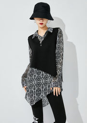 Elegant Black Print Asymmetrical Design Chiffon Two Piece Set Women Clothing Spring