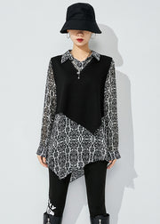 Elegant Black Print Asymmetrical Design Chiffon Two Piece Set Women Clothing Spring
