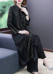 Elegant Black Print Button Silk Long Shirts And Wide Leg Pants Two Piece Set Long Sleeve