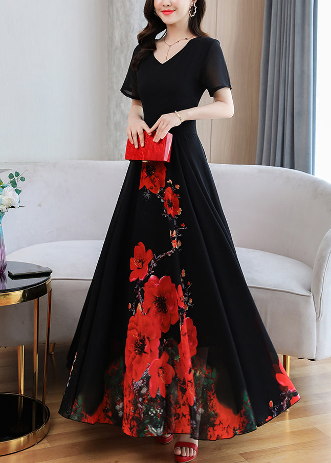 Elegant Black Print Chiffon Maxi Holiday Dress Summer