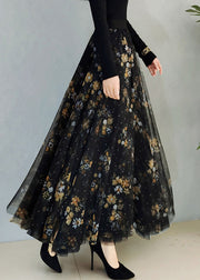 Elegant Black Print High Waist Maxi Skirts Spring