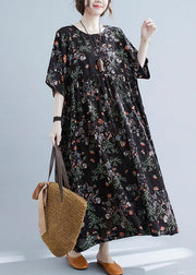 Elegant Black Print O-Neck Patchwork Summer Robe Dresses Half Sleeve - SooLinen
