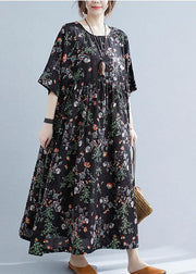 Elegant Black Print O-Neck Patchwork Summer Robe Dresses Half Sleeve - SooLinen