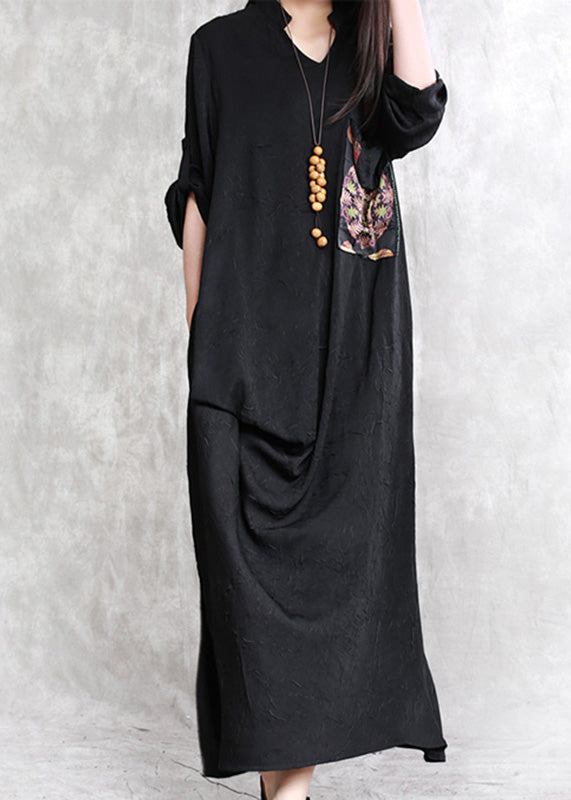 Elegant Black Print Patchwork Linen Maxi Dress Half Sleeve