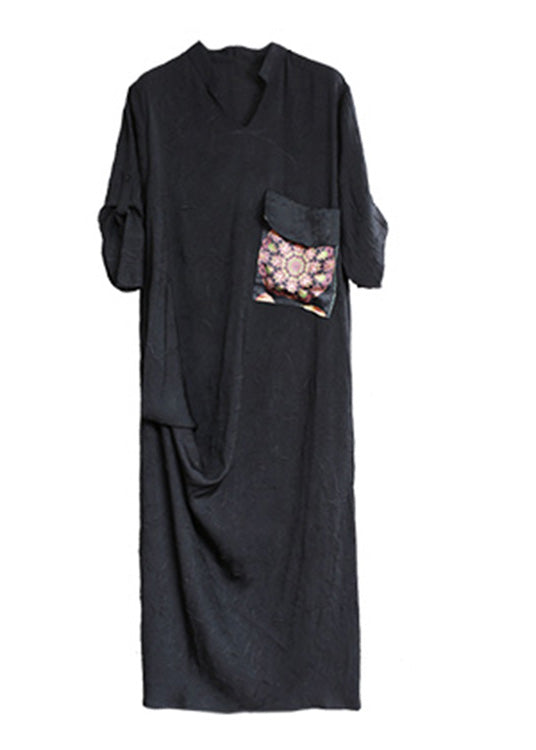 Elegant Black Print Patchwork Linen Maxi Dress Half Sleeve
