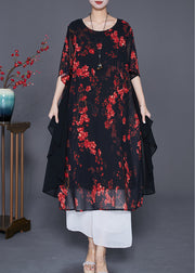 Elegant Black Print Patchwork Ruffles Chiffon Dresses Summer