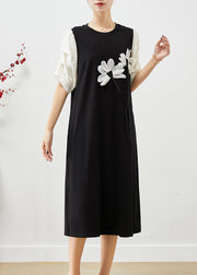 Elegant Black Puff Sleeve Patchwork Floral Applique Spandex Dress
