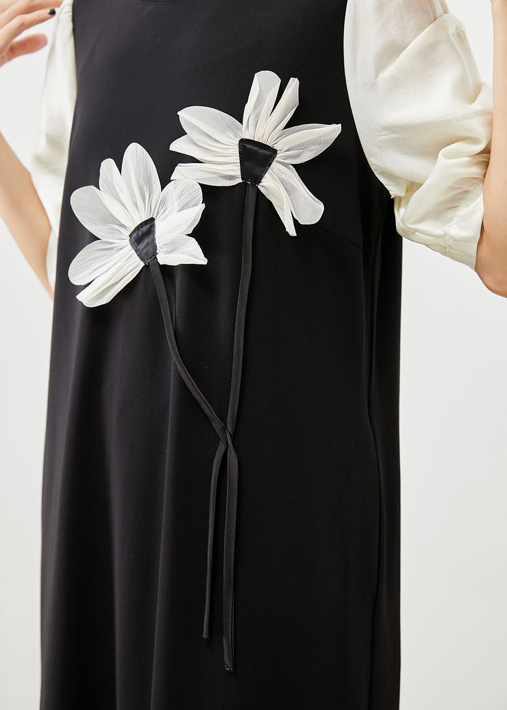 Elegant Black Puff Sleeve Patchwork Floral Applique Spandex Dress