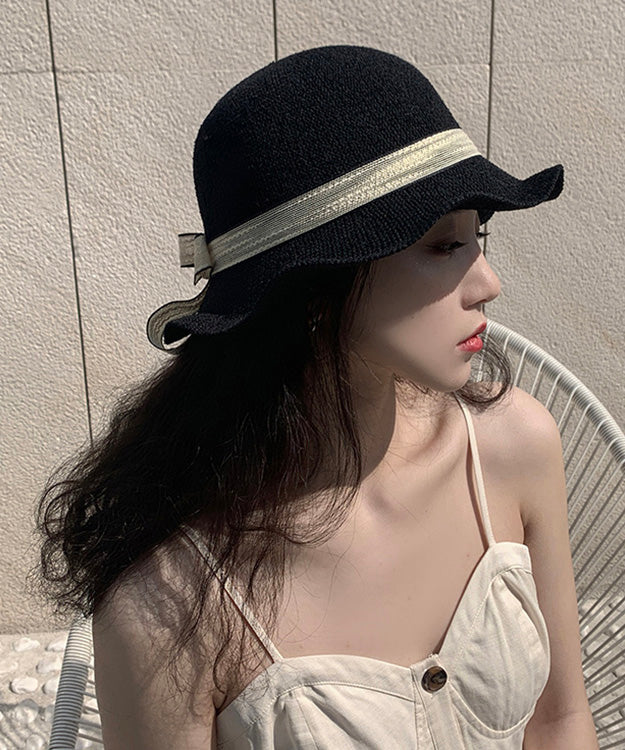 Elegant Black Ruffled Bow Straw Woven Floppy Sun Hat