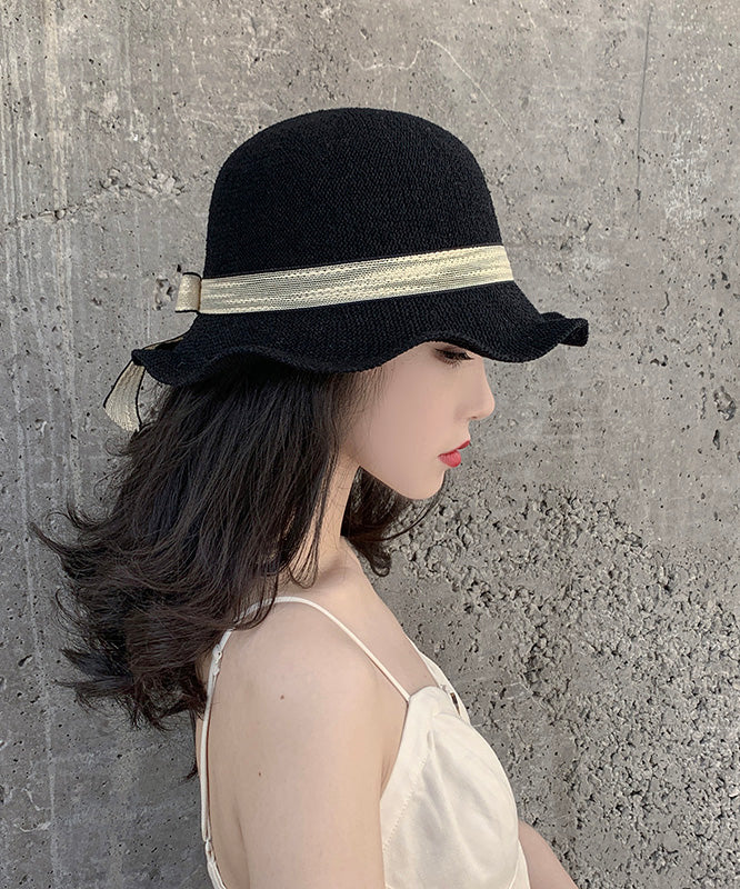 Elegant Black Ruffled Bow Straw Woven Floppy Sun Hat