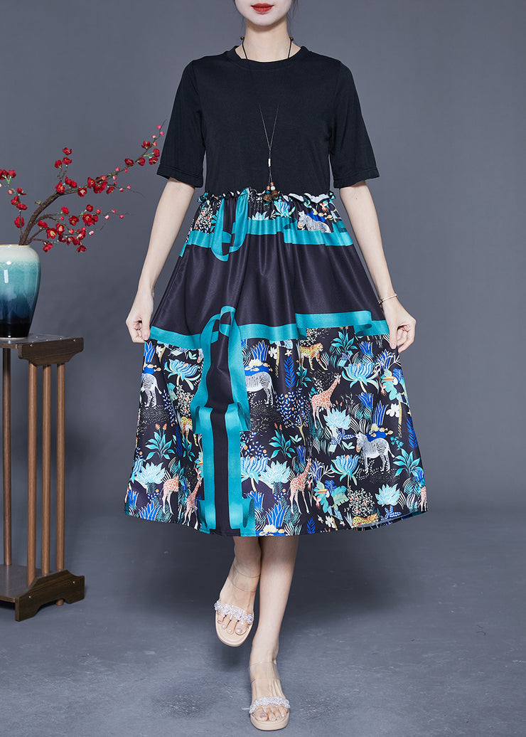 Elegant Black Ruffled Patchwork Print Cotton Dress Summer