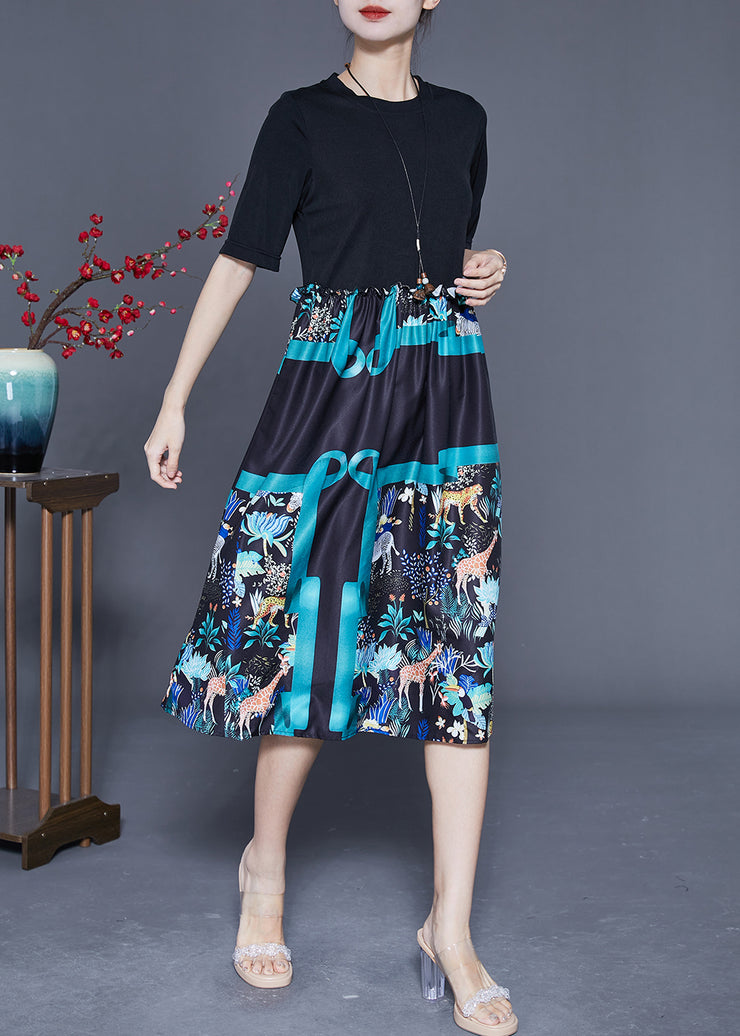 Elegant Black Ruffled Patchwork Print Cotton Dress Summer