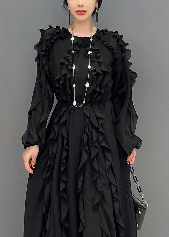 Elegant Black Ruffles Cinched Chiffon Maxi Dresses Spring