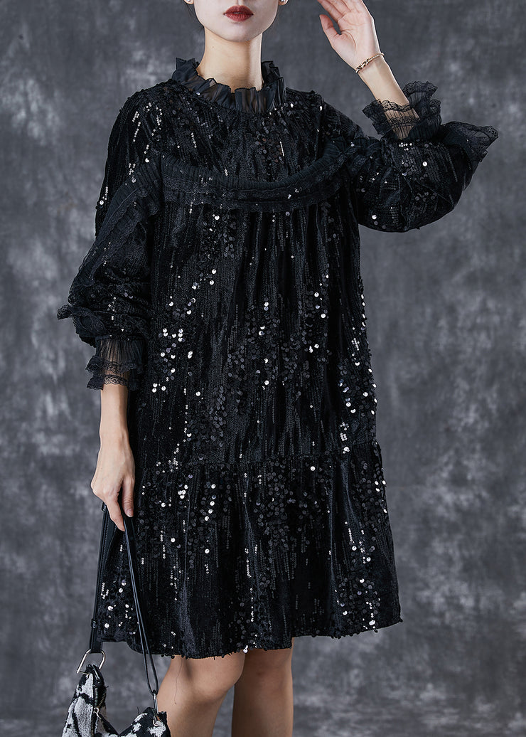 Elegant Black Sequins Patchwork Velour Mid Dresses Spring