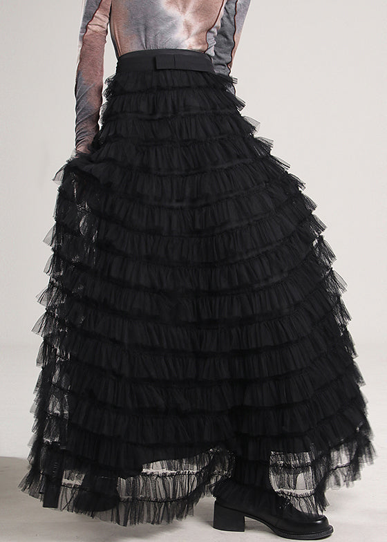 Elegant Black Solid High Waist Tulle Pleated Skirt Spring