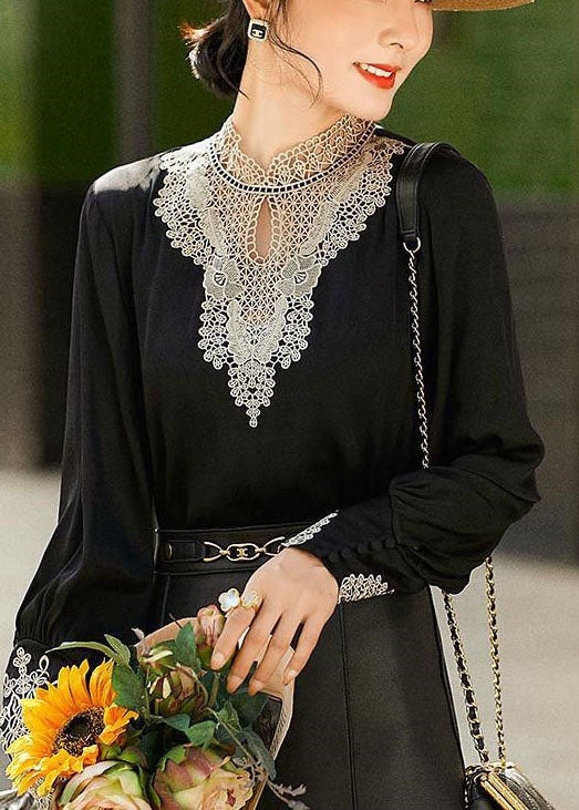 Elegant Black Stand Collar Embroidered Hollow Out Chiffon Blouse Tops Long Sleeve