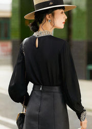 Eleganter schwarzer Stehkragen, bestickt, aushöhlen, Chiffon-Bluse mit langen Ärmeln