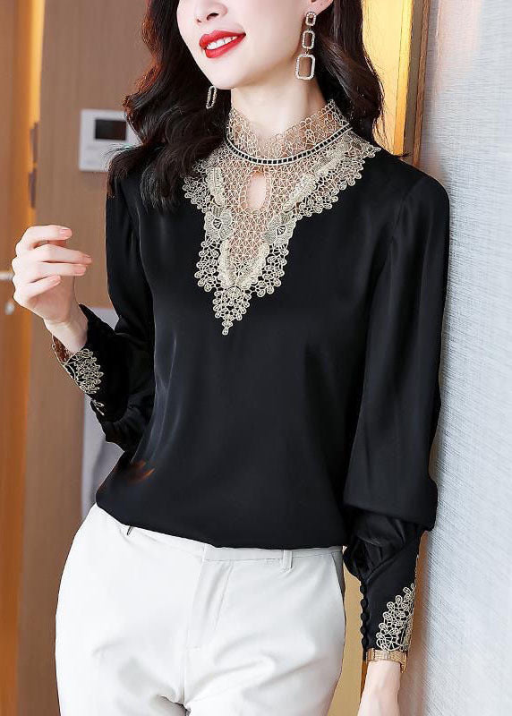 Elegant Black Stand Collar Embroidered Patchwork Chiffon Blouse Top Long Sleeve
