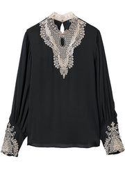 Elegant Black Stand Collar Embroidered Patchwork Chiffon Blouse Top Long Sleeve