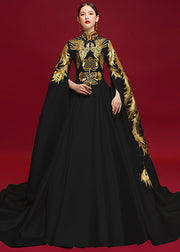 Elegant Black Stand Collar Embroidered Patchwork Silk Vacation Dresses Fall