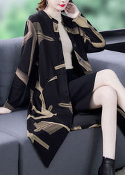 Elegant Black Stand Collar Oversized Print Coat Outwear Long Sleeve