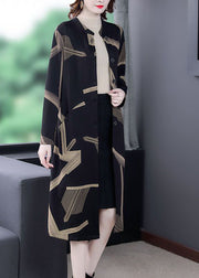 Elegant Black Stand Collar Oversized Print Coat Outwear Long Sleeve