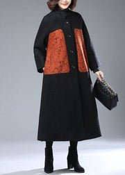 Elegant Black Stand Collar Oversized Print Woolen Coats Winter