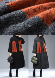 Elegant Black Stand Collar Oversized Print Woolen Coats Winter