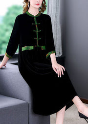 Elegant Black Stand Collar Patchwork Oriental Button Silk Velour Dress Bracelet Sleeve