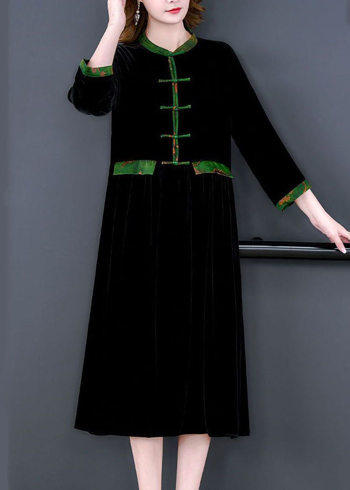 Elegant Black Stand Collar Patchwork Oriental Button Silk Velour Dress Bracelet Sleeve