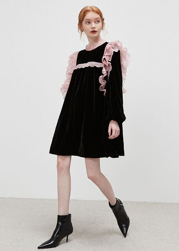 Elegant Black Stand Collar Patchwork Ruffled Velour Mid Dresses Spring