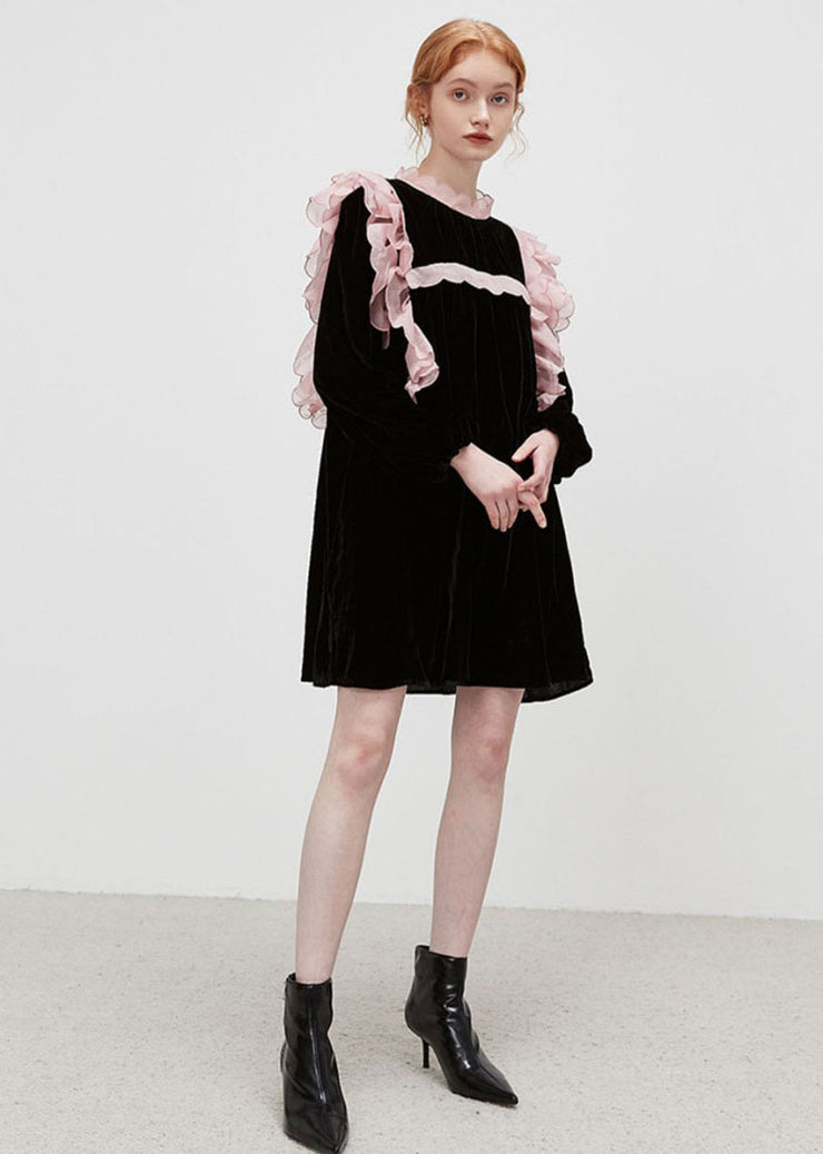 Elegant Black Stand Collar Patchwork Ruffled Velour Mid Dresses Spring