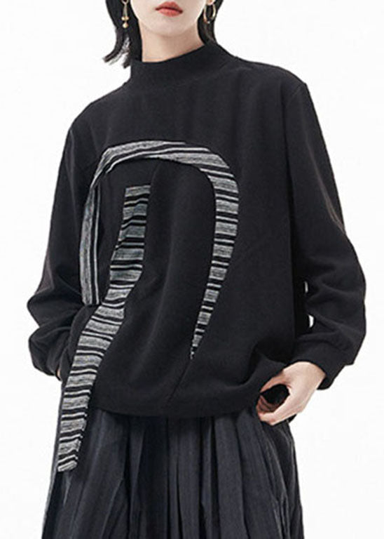 Elegant Black Stand Collar Patchwork Sweatshirts Top Spring