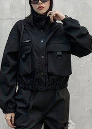 Elegant Black Stand Collar Pockets Button Jacket Long Sleeve