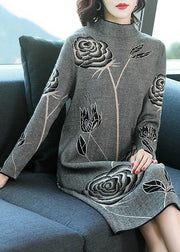 Elegant Black Stand Collar Print Knit Sweater Dress Winter