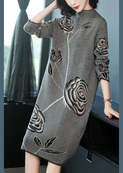 Elegant Black Stand Collar Print Knit Sweater Dress Winter