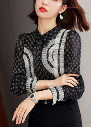 Elegant Black Stand Collar Ruffled Patchwork Print Chiffon Shirts Long Sleeve