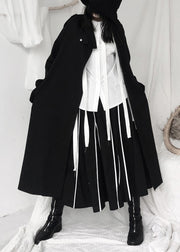 Elegant Black Stand Collar Tie Waist Button Trench Coats Long Sleeve