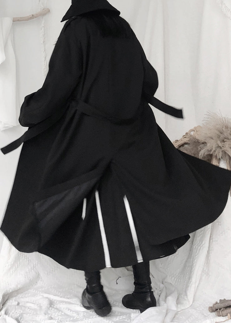 Elegant Black Stand Collar Tie Waist Button Trench Coats Long Sleeve