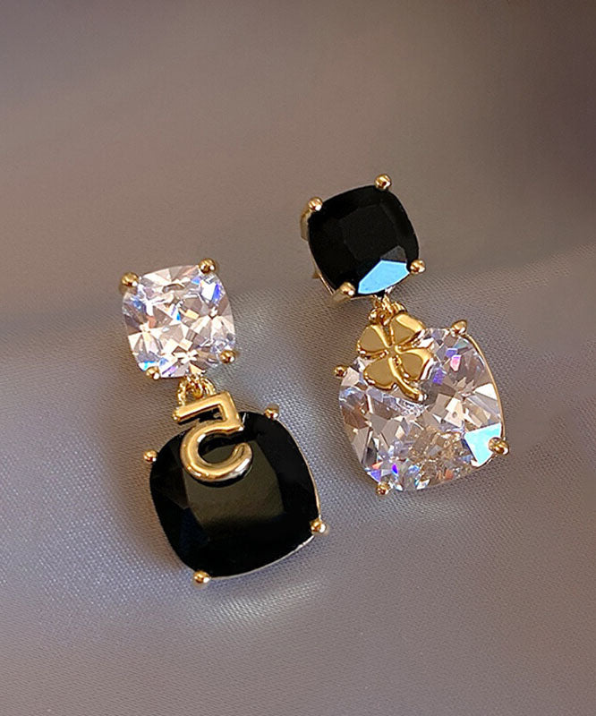 Elegant Black Sterling Silver Asymmetric Zircon Crystal Drop Earrings